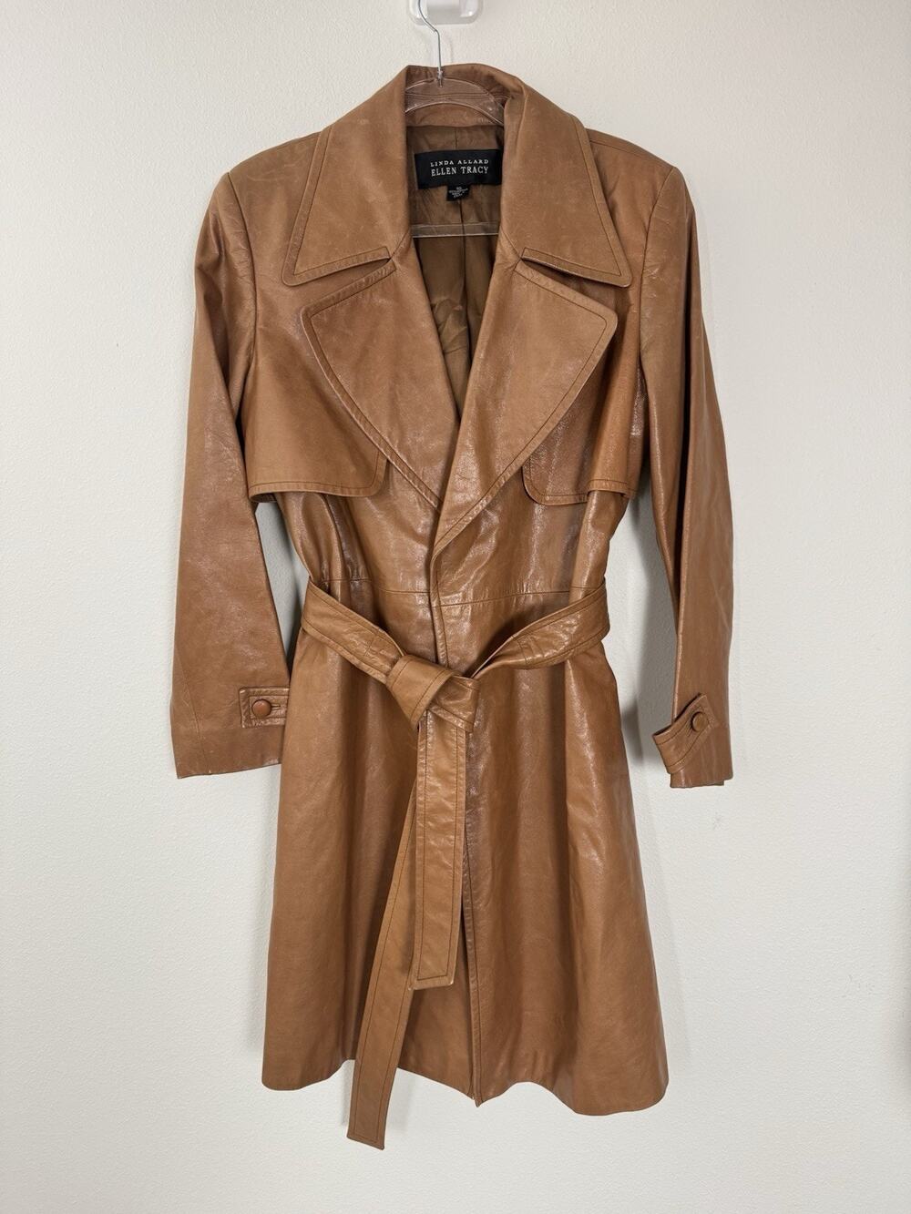 Vintage Linda Allard Caramel Brown Leather Trench Coat Womens 10 Cognac Belted